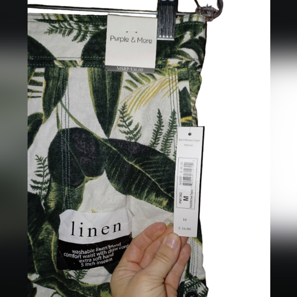🌿5/$25 New Purple&More Medium Linen Cotton Hawaiian Plam Leaf Green Nwt - Picture 5 of 11
